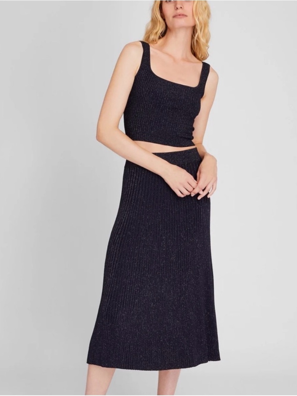 Club Monaco navy Glitter Ribbed Midi Skirt